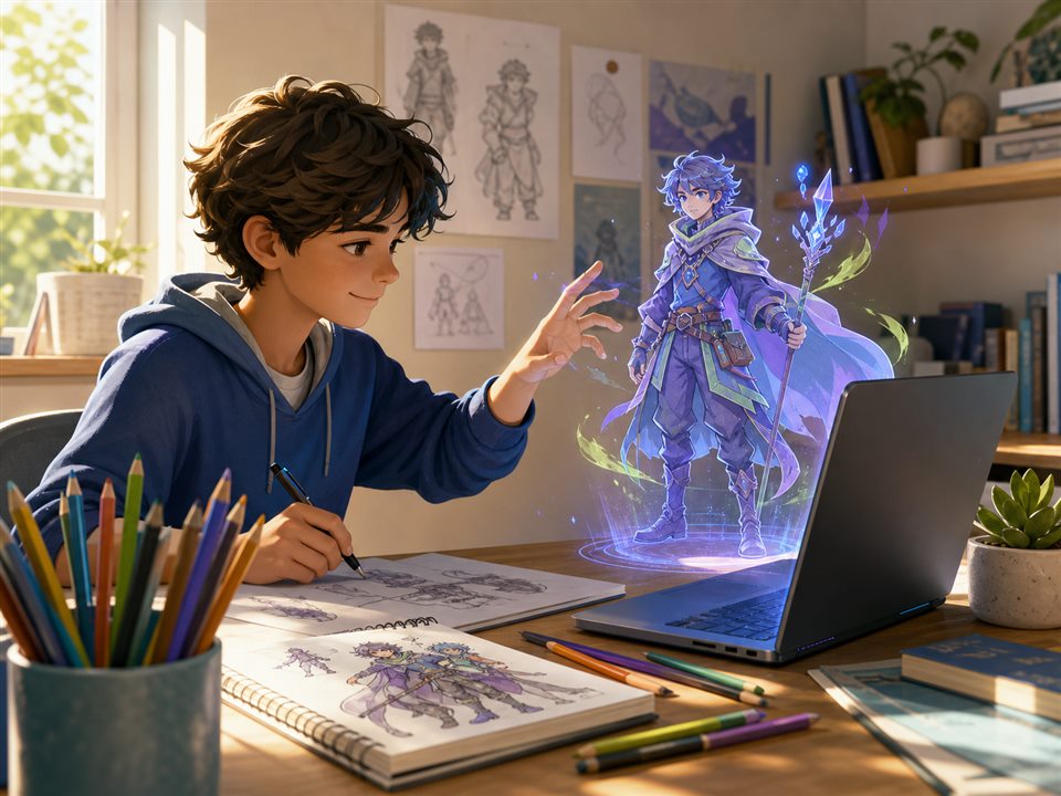 Школьник рисует героя и дорабатывает его образ с помощью AI-помощника